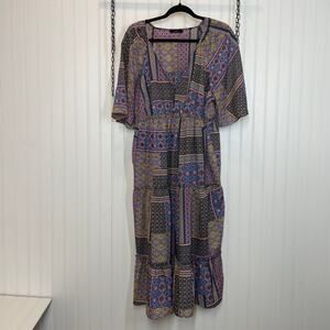 Trina Turk Sivas Dress Midi Dress Multicolor V-Neck Tiered Fit & Flare Size L